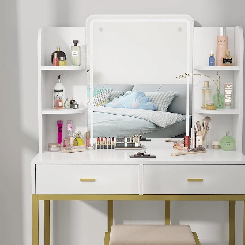 Tocador Blanco con Specchio a LED e Sgabello Imbottito