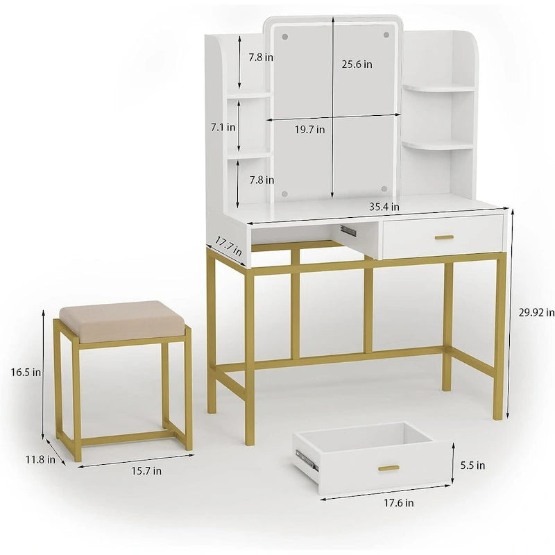 White Vanity Table with LED Mirror and Cushioned Stool