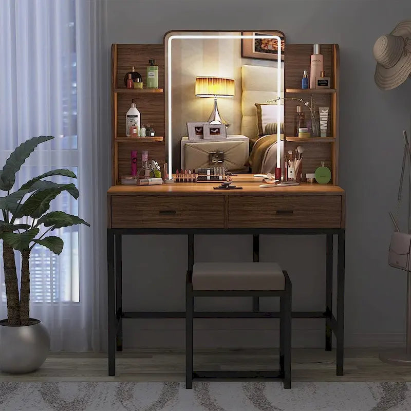 Tocador Blanco con Specchio a LED e Sgabello Imbottito
