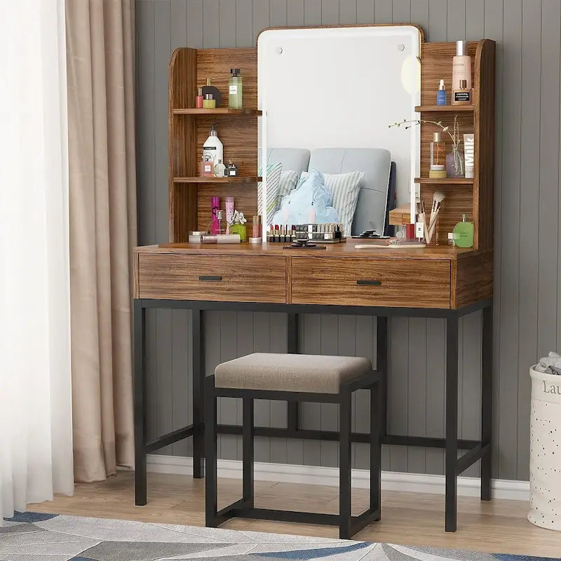 White Vanity Table with LED Mirror and Cushioned Stool