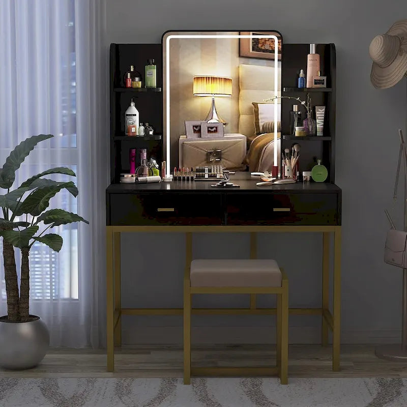 Tocador Blanco con Specchio a LED e Sgabello Imbottito