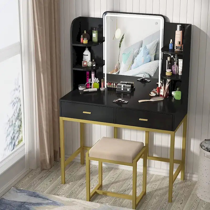 White Vanity Table with LED Mirror and Cushioned Stool