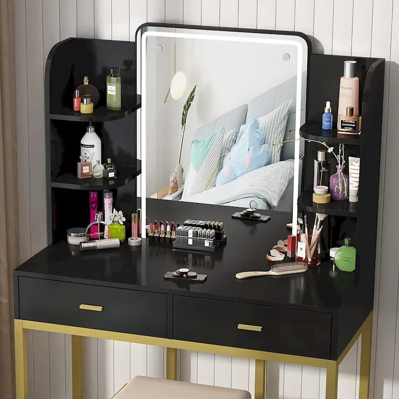 Tocador Blanco con Specchio a LED e Sgabello Imbottito