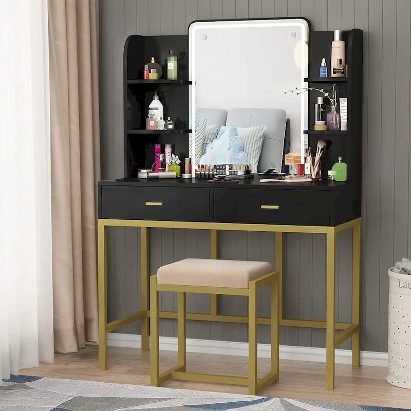 White Vanity Table with LED Mirror and Cushioned Stool