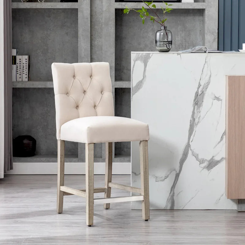 Sgabello da bancone classico con bottoni e capitonné Carter 24, gambe grigio anticato