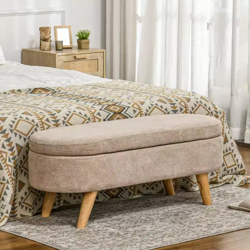 HOMCOM Upholstered Storage Ottoman Bench, 43.3 End of Bed Bench with Wood Legs, Oval Modern Entryway Bench, Beige