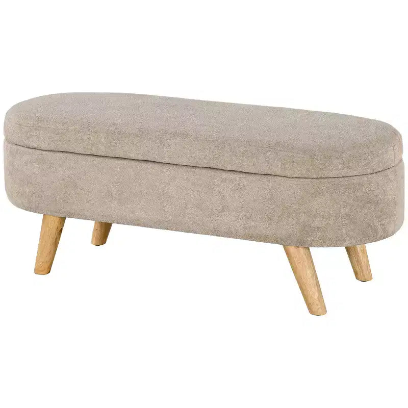 HOMCOM Upholstered Storage Ottoman Bench, 43.3 End of Bed Bench with Wood Legs, Oval Modern Entryway Bench, Beige