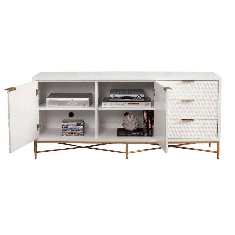 Mobile TV Origins di Alpine White Pearl Wood da 64 pollici in bianco