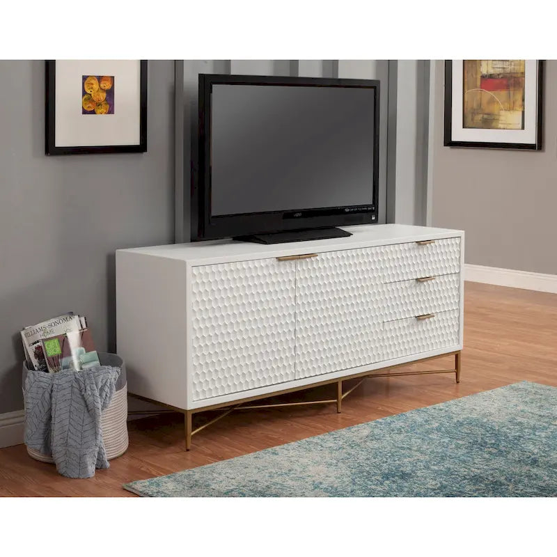 Mobile TV Origins di Alpine White Pearl Wood da 64 pollici in bianco