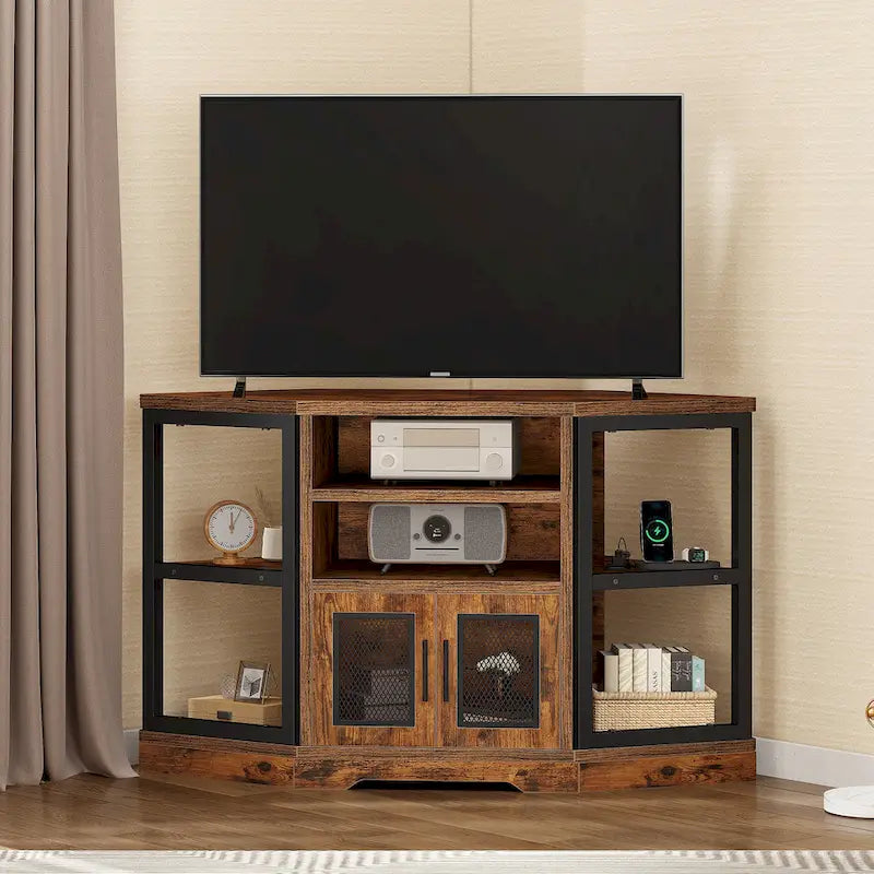 Mobile TV e console multimediale ad angolo in legno con anta in rete Moasis da 47 pollici