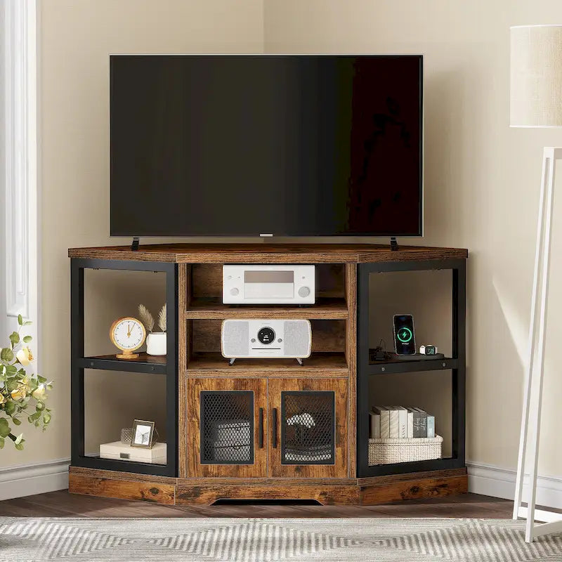 Mobile TV e console multimediale ad angolo in legno con anta in rete Moasis da 47 pollici