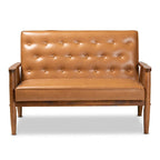 Sorrento Tan Faux Leather and Walnut Finished Wood Loveseat