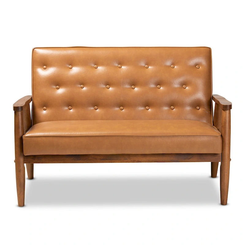 Sorrento Tan Faux Leather and Walnut Finished Wood Loveseat