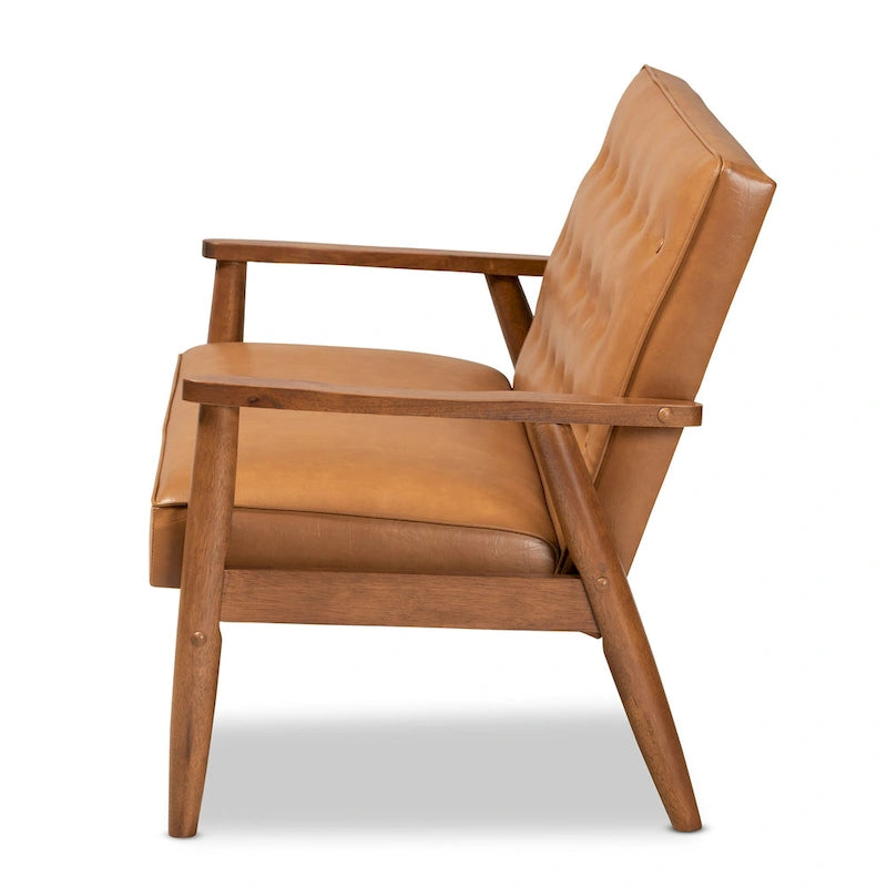 Sorrento Tan Faux Leather and Walnut Finished Wood Loveseat