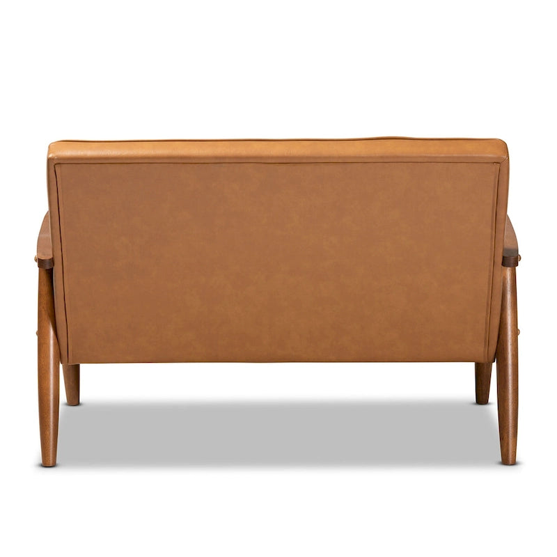 Sorrento Tan Faux Leather and Walnut Finished Wood Loveseat