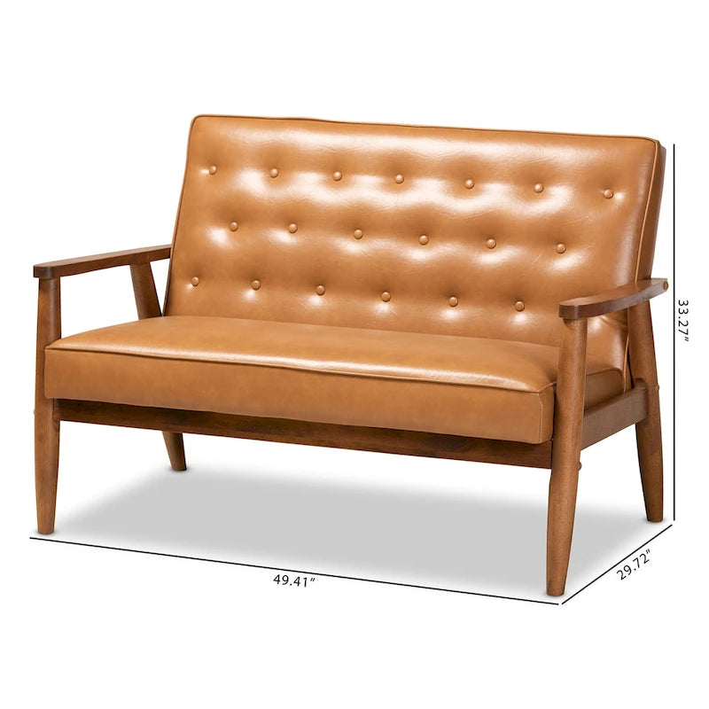 Sorrento Tan Faux Leather and Walnut Finished Wood Loveseat