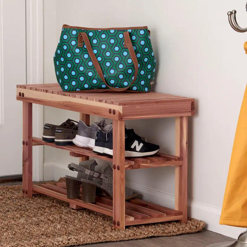 Household Essentials Cedar Fresh 2-Tier Cedar Shoe Rack and Seat Bench