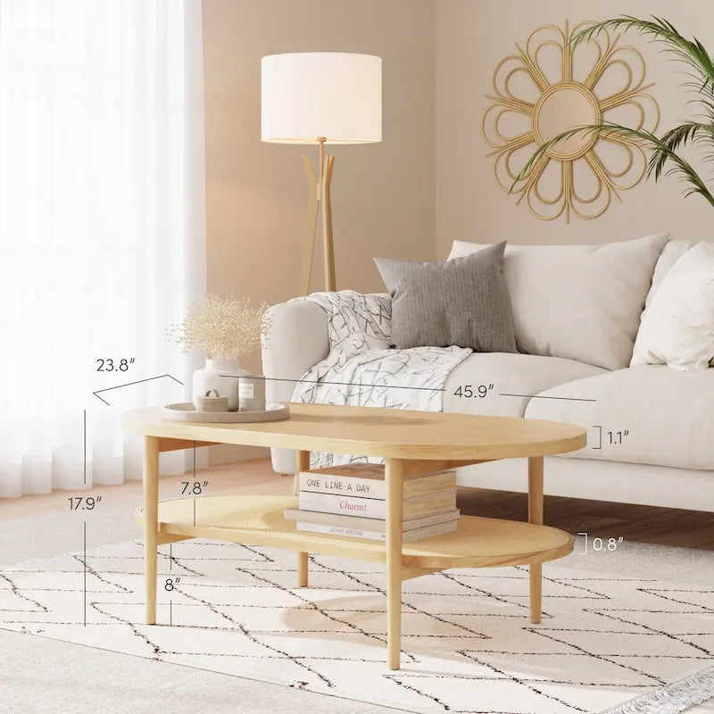 Nathan James Sonia Bohemian 2-Tier Oval Cane Coffee Table in Light Wood With Rattan Storage Shelf