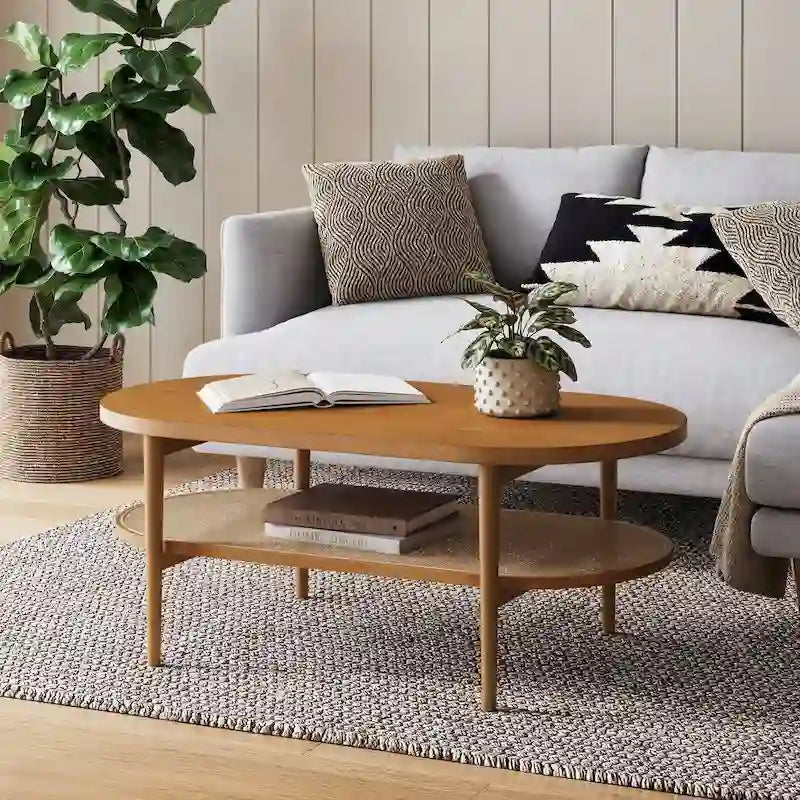 Nathan James Sonia Bohemian 2-Tier Oval Cane Coffee Table in Light Wood With Rattan Storage Shelf