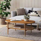 Nathan James Sonia Bohemian 2-Tier Oval Cane Coffee Table in Light Wood With Rattan Storage Shelf