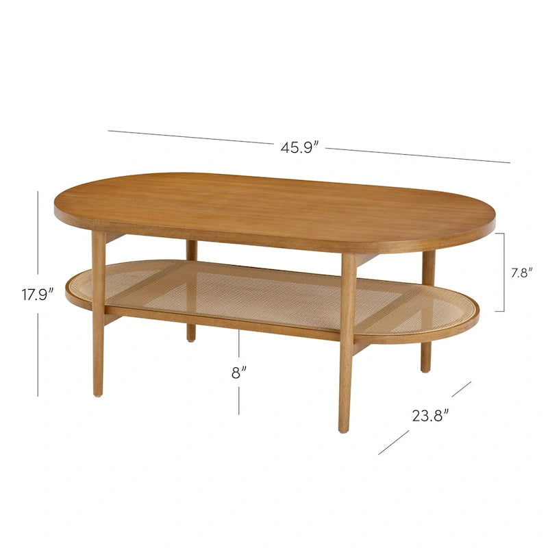 Nathan James Sonia Bohemian 2-Tier Oval Cane Coffee Table in Light Wood With Rattan Storage Shelf