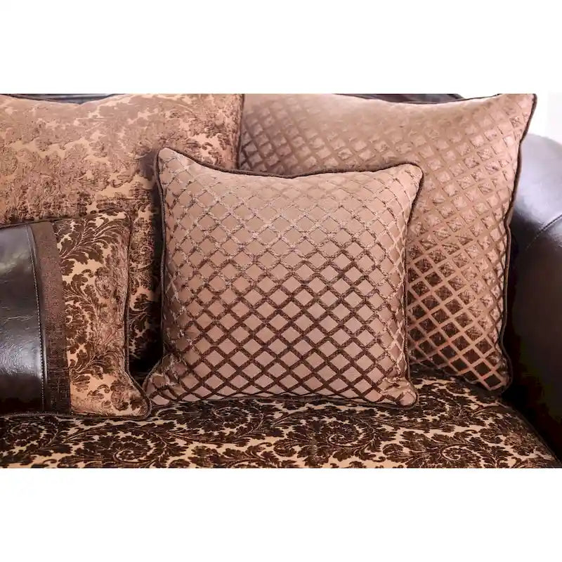 Brown Faux Leather Sofa with Floral Print Cushions - 3 Seater