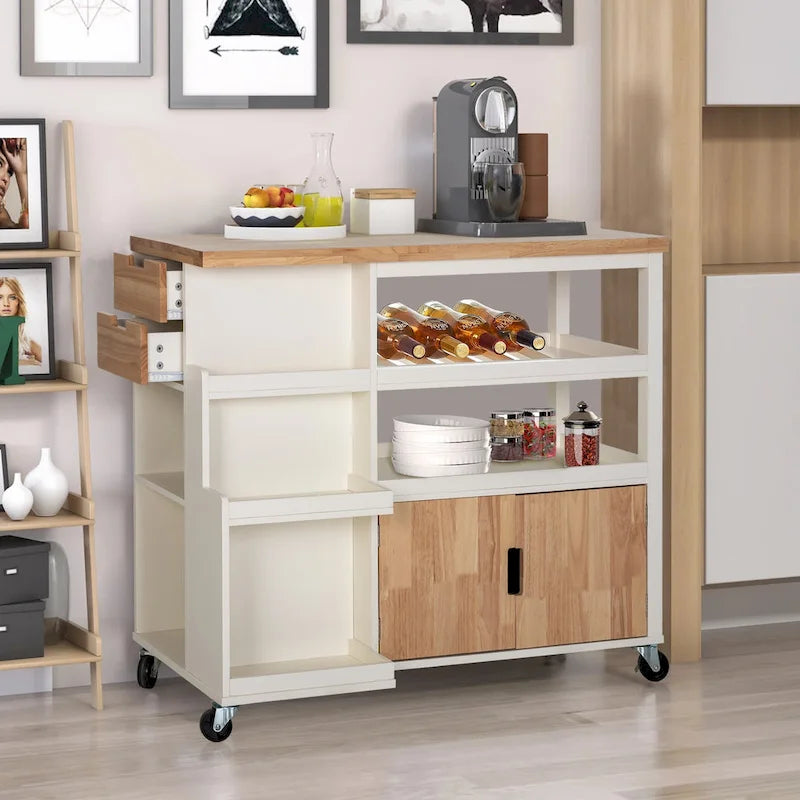 Carrello da Cucina Portatile con Piano in Legno e Cassetti
