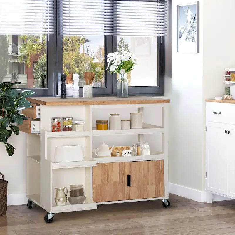 Carrello da Cucina Portatile con Piano in Legno e Cassetti