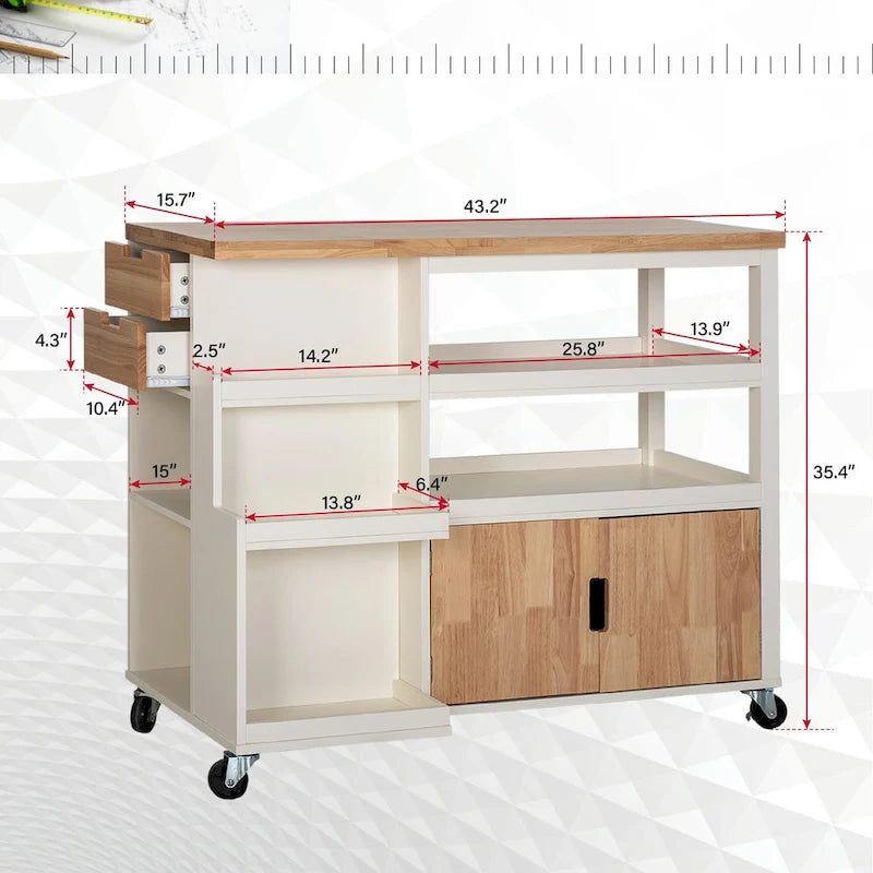 Carrello da Cucina Portatile con Piano in Legno e Cassetti