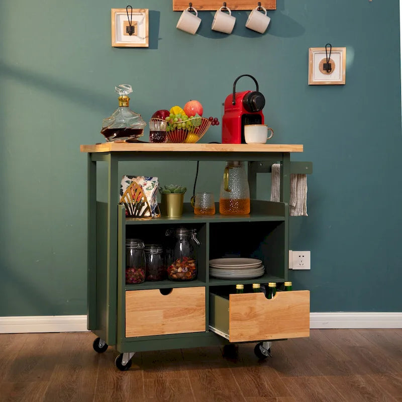Carrello da Cucina Portatile con Piano in Legno e Cassetti