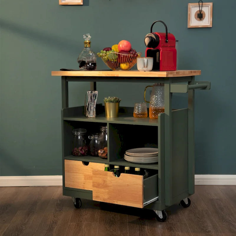 Carrello da Cucina Portatile con Piano in Legno e Cassetti