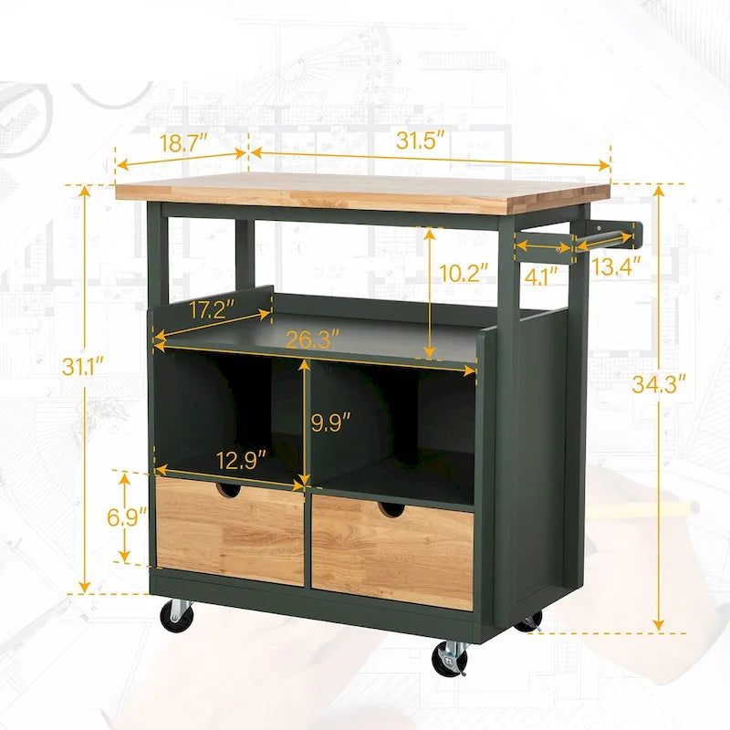 Carrello da Cucina Portatile con Piano in Legno e Cassetti