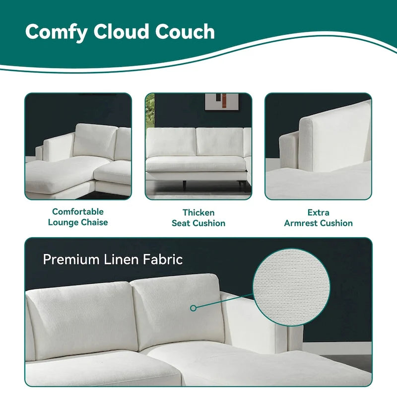 Beige L-Shaped Reversible Sectional Sofa for 3-4 People