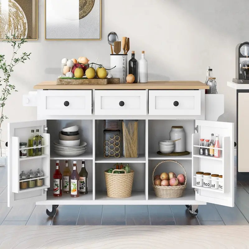 Isola da Cucina su 5 Ruote con Armadietto Contenitore e 3 Cassetti