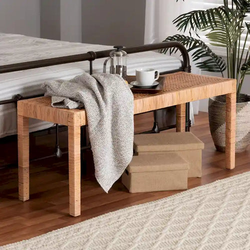 Abelia Modern Bohemian Natural Rattan and Mahogany Wood Accent Bench