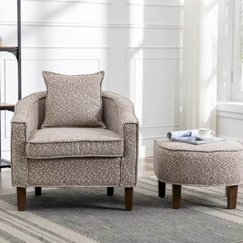 Poltrona a botte Mid-Century rivestita in lino/poliestere con pouf