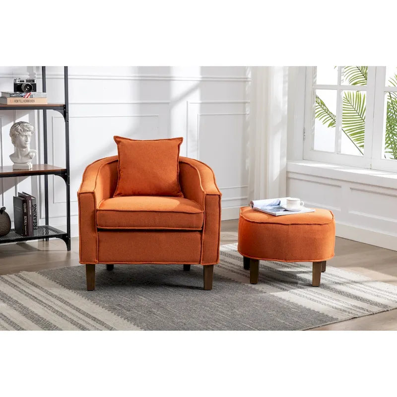 Poltrona a botte Mid-Century rivestita in lino/poliestere con pouf