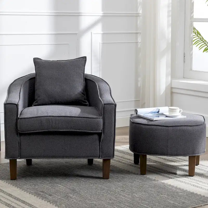 Poltrona a botte Mid-Century rivestita in lino/poliestere con pouf