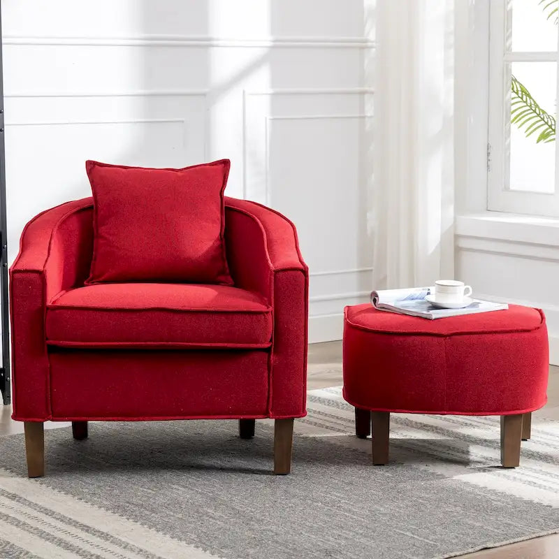Poltrona a botte Mid-Century rivestita in lino/poliestere con pouf
