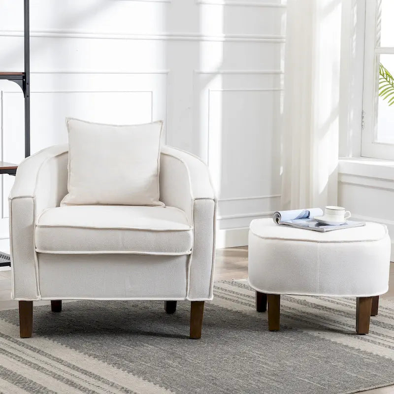 Poltrona a botte Mid-Century rivestita in lino/poliestere con pouf