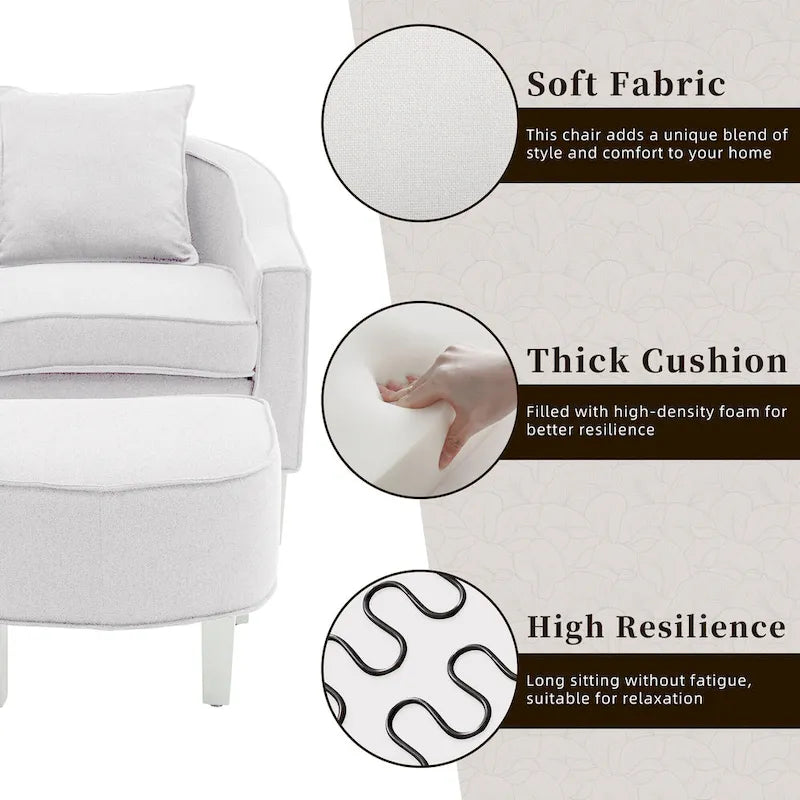 Linen/Polyester Upholstered Mid Century Barrel Chair with Ottoman