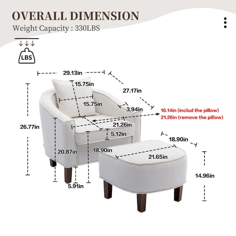 Linen/Polyester Upholstered Mid Century Barrel Chair with Ottoman