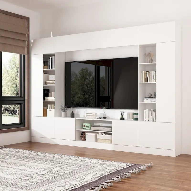 White/Black TV Stand with Bookshelves for 2-3 People