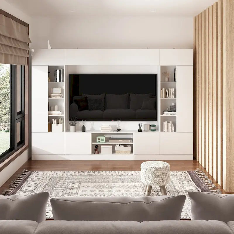 White/Black TV Stand with Bookshelves for 2-3 People