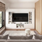 White/Black TV Stand with Bookshelves for 2-3 People