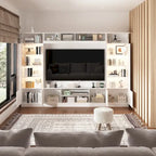 White/Black TV Stand with Bookshelves for 2-3 People