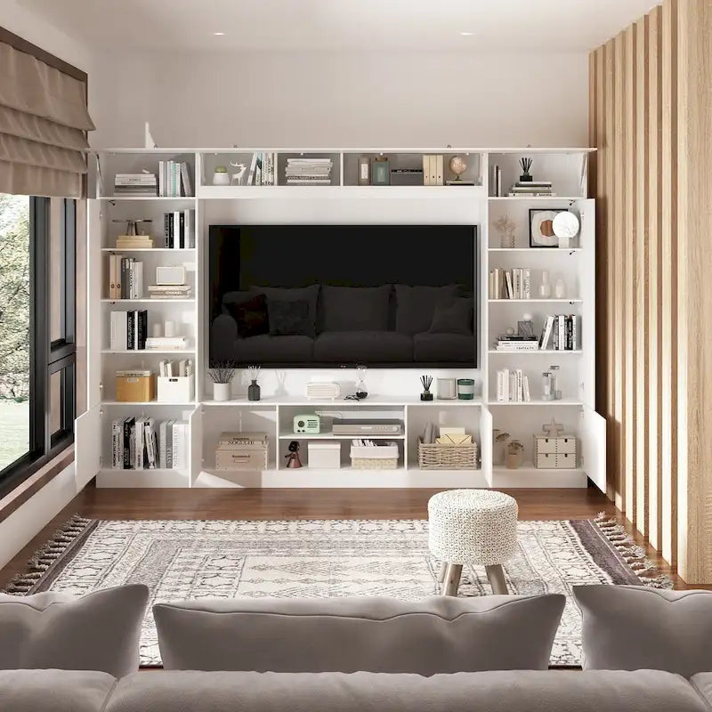 White/Black TV Stand with Bookshelves for 2-3 People