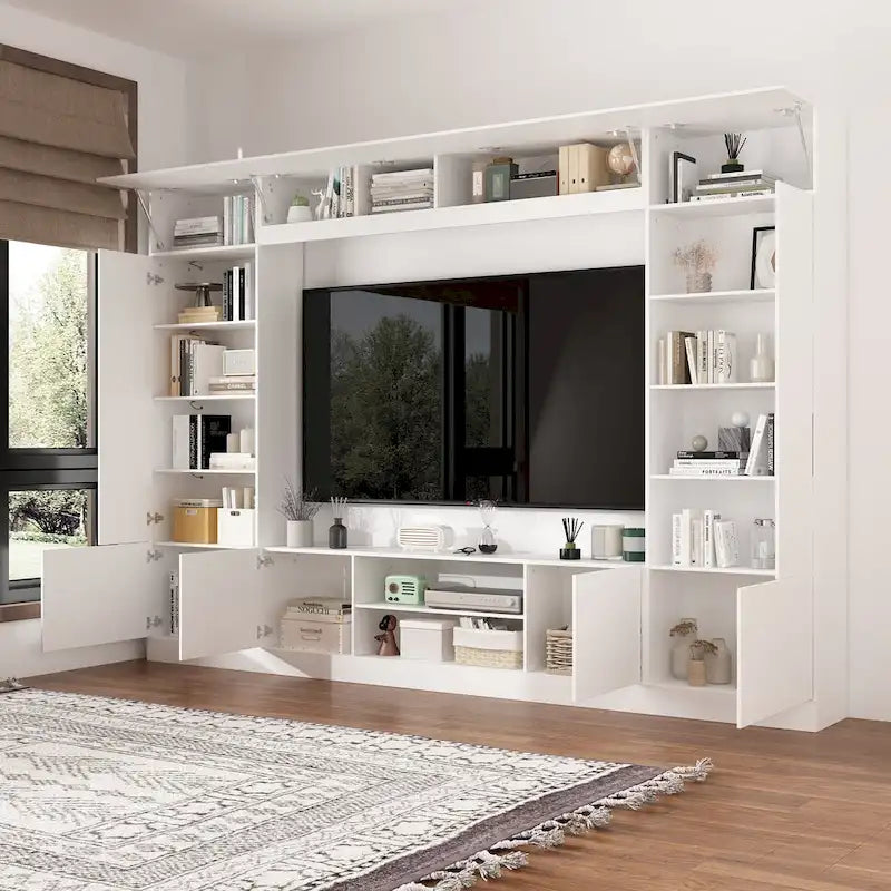 White/Black TV Stand with Bookshelves for 2-3 People
