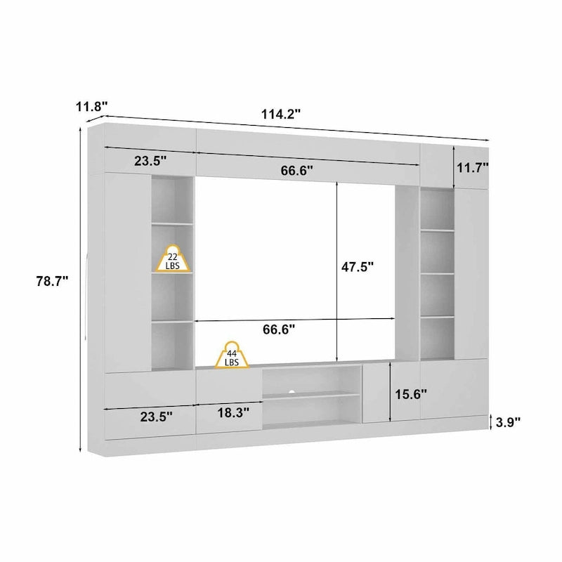 White/Black TV Stand with Bookshelves for 2-3 People