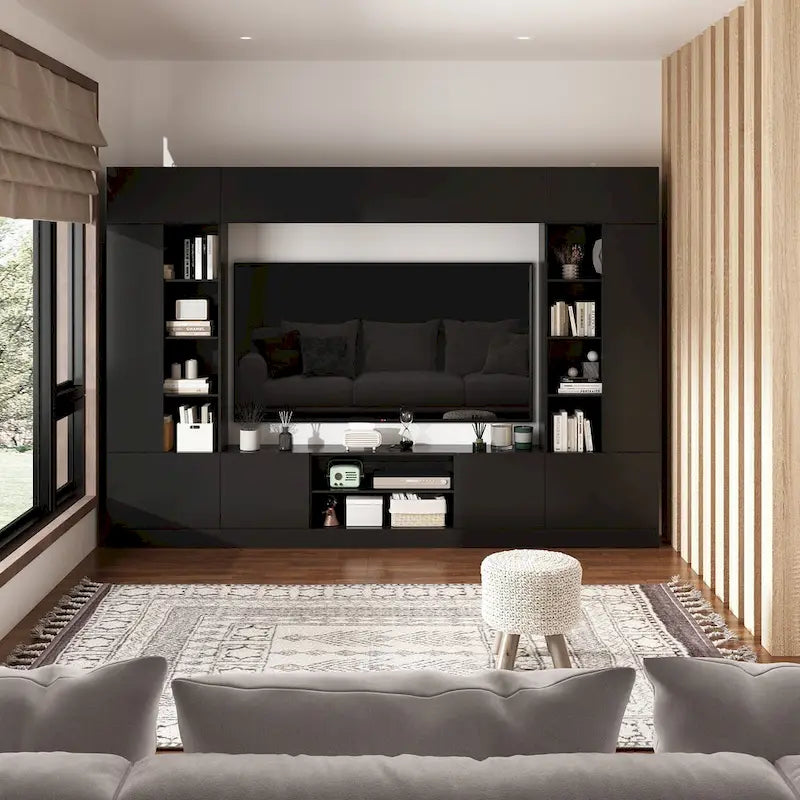 White/Black TV Stand with Bookshelves for 2-3 People